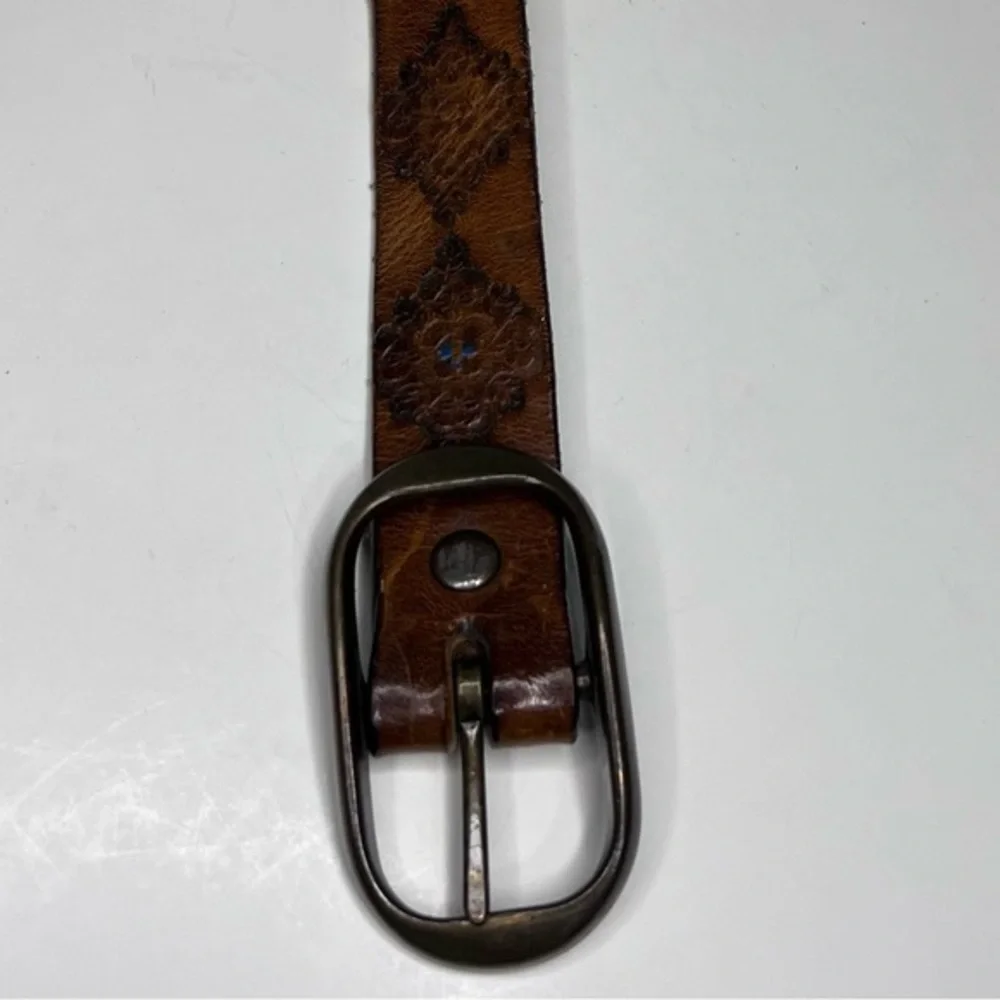 Vintage Tooled Southwest Leather Belt Brass Buckle